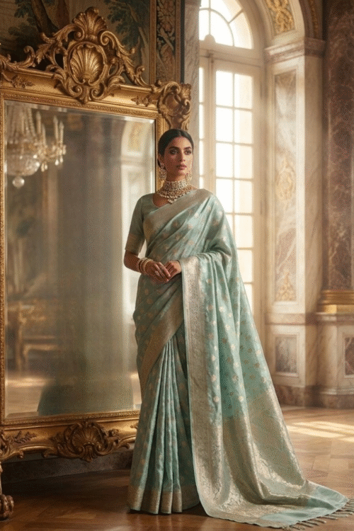 Banarsi Raw Silk Chiffon Saree – Mint Green