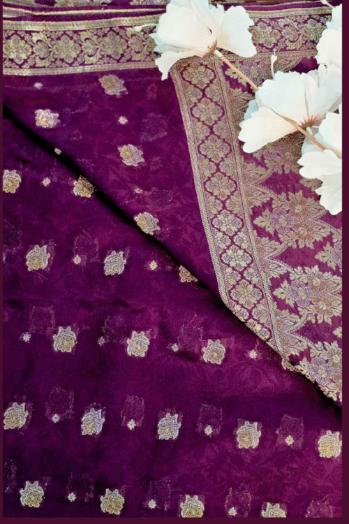 Banarsi Raw Silk Chiffon Saree – Plum Elegance
