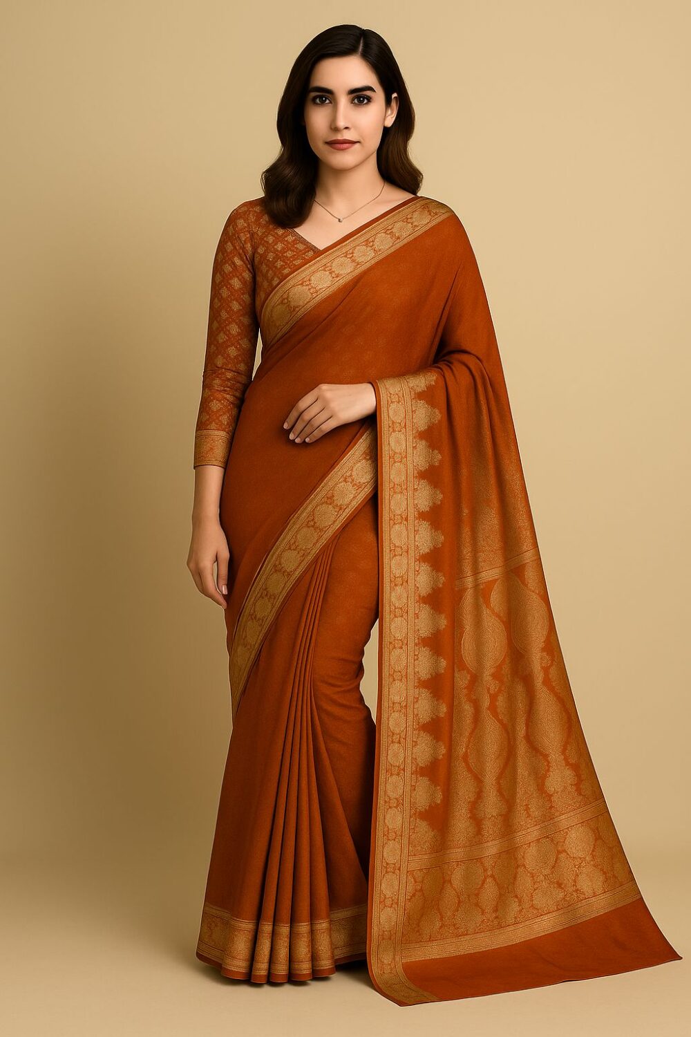 Banarsi Georgette Chiffon Saree – Rust - Image 2