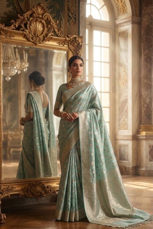 Banarsi Raw Silk Chiffon Saree – Mint Green