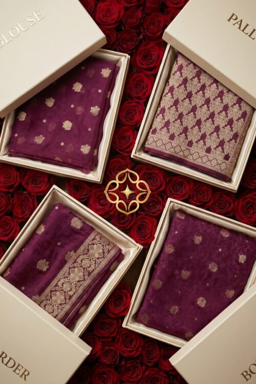 Banarsi Raw Silk Chiffon Saree – Deep Maroon Elegance
