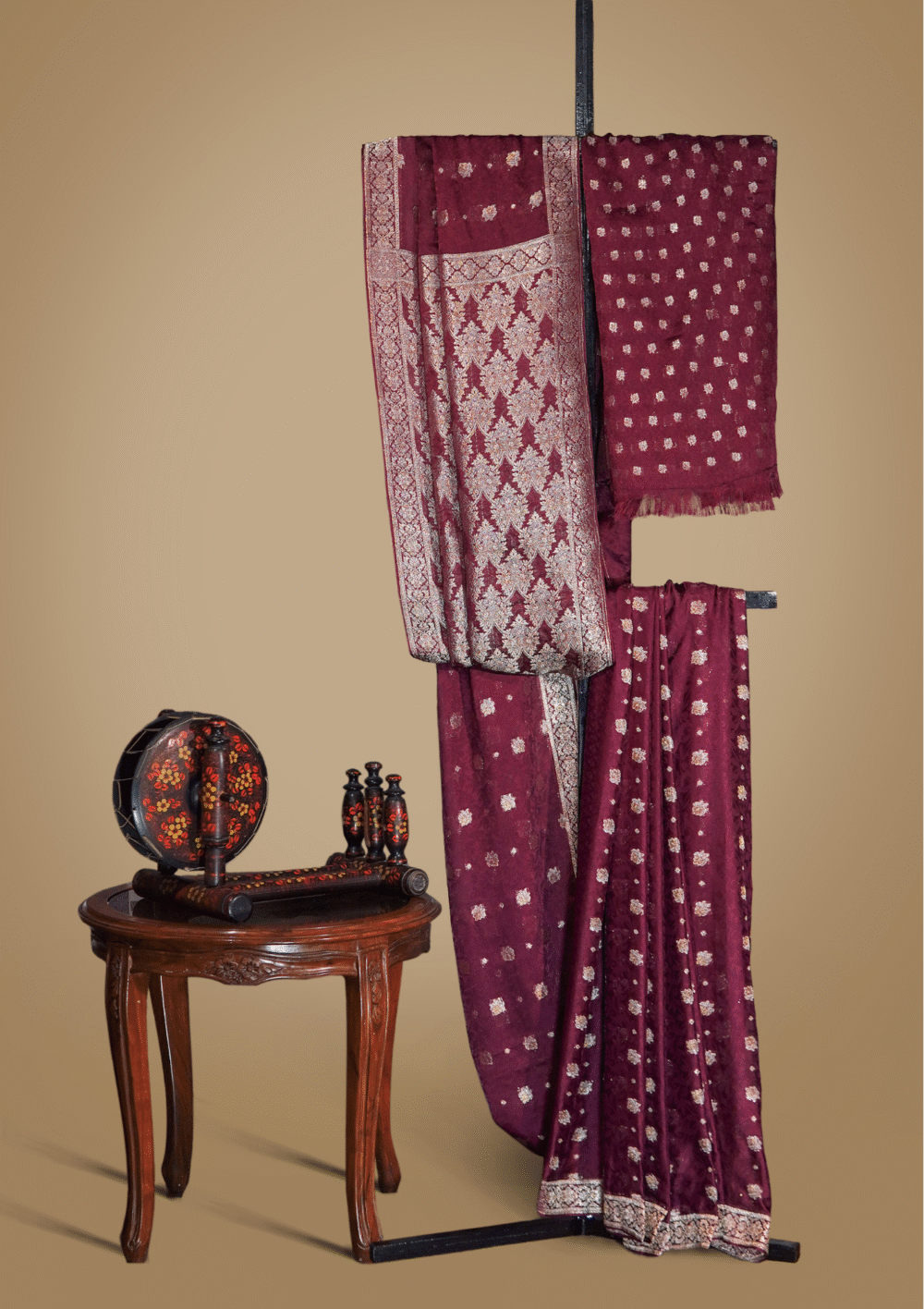Banarsi Raw Silk Chiffon Saree – Deep Maroon Elegance