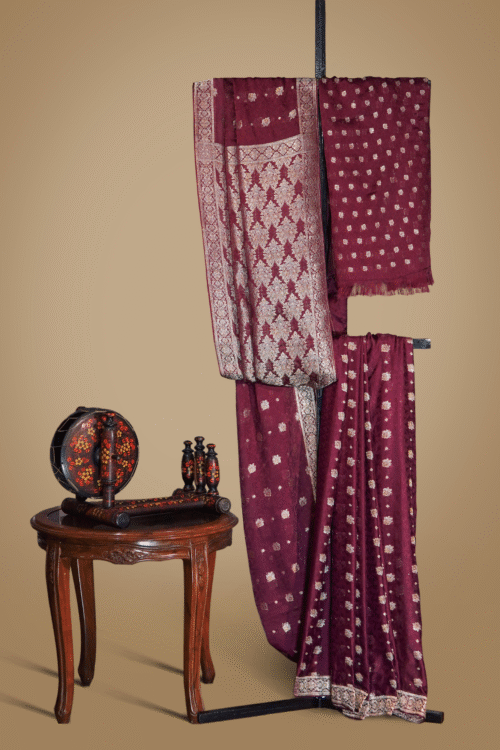 Banarsi Raw Silk Chiffon Saree – Deep Maroon Elegance