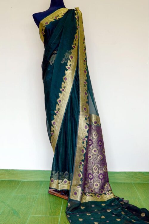 Banarsi Georgette Chiffon Saree – Bottle Green