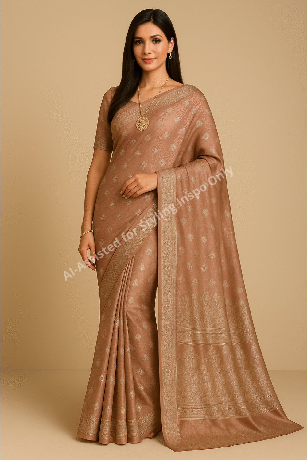 Banarsi Satin Silk Saree – Dusky Rose Gold - Image 2
