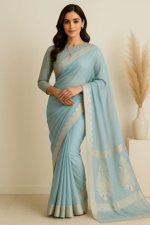 Banarsi Georgette Chiffon Saree – Ice Blue