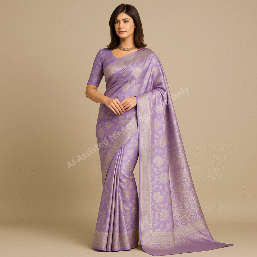 Banarsi Soft Silk Saree – Royal Lilac Elegance (Lilac & Gold) - Image 2