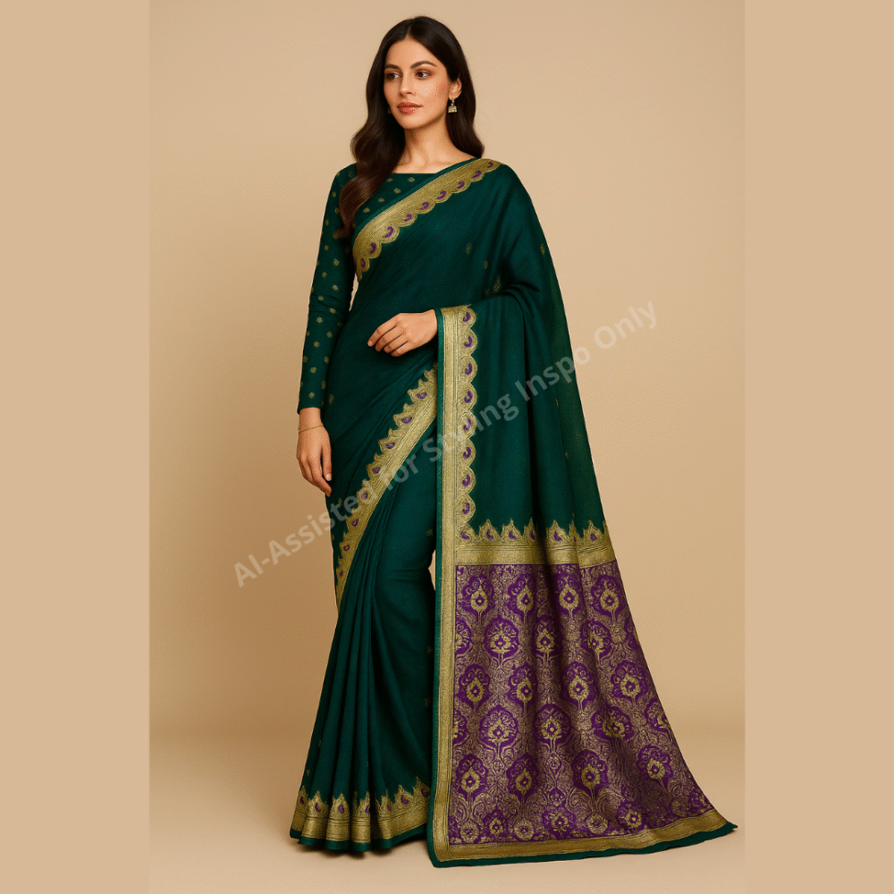 Banarsi Georgette Chiffon Saree – Bottle Green - Image 3