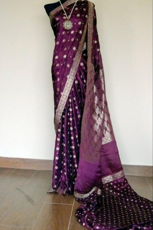 Banarsi Raw Silk Chiffon Saree – Deep Maroon Elegance