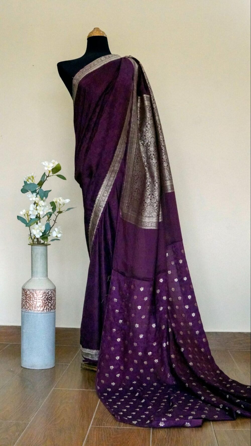 Banarsi Cotton Silk Saree – Plum & Gold Elegance
