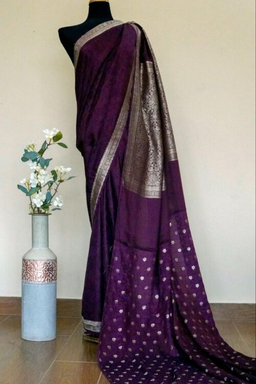Banarsi Cotton Silk Saree – Plum & Gold Elegance