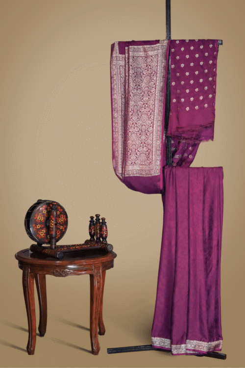Banarsi Cotton Silk Saree – Plum & Gold Elegance