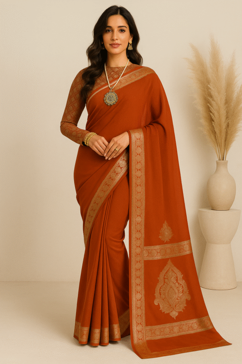 Banarsi Georgette Chiffon Saree – Rust
