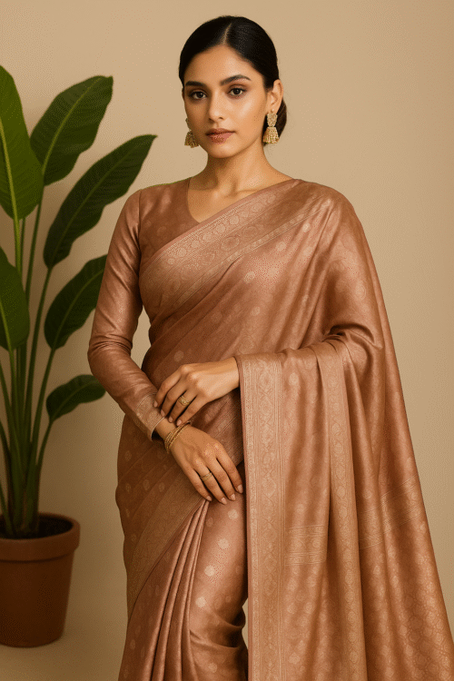 Banarsi Satin Silk Saree – Dusky Rose Gold