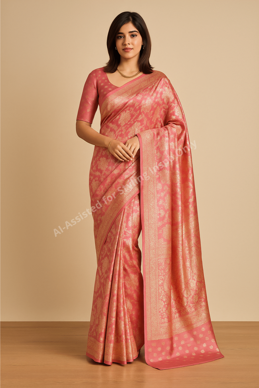 Banarsi Soft Silk Saree – Rosewood Royale (Tea Pink & Gold) - Image 2