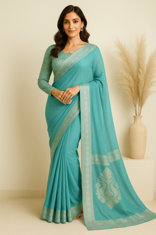 Banarsi Georgette Chiffon Saree – Apple Green