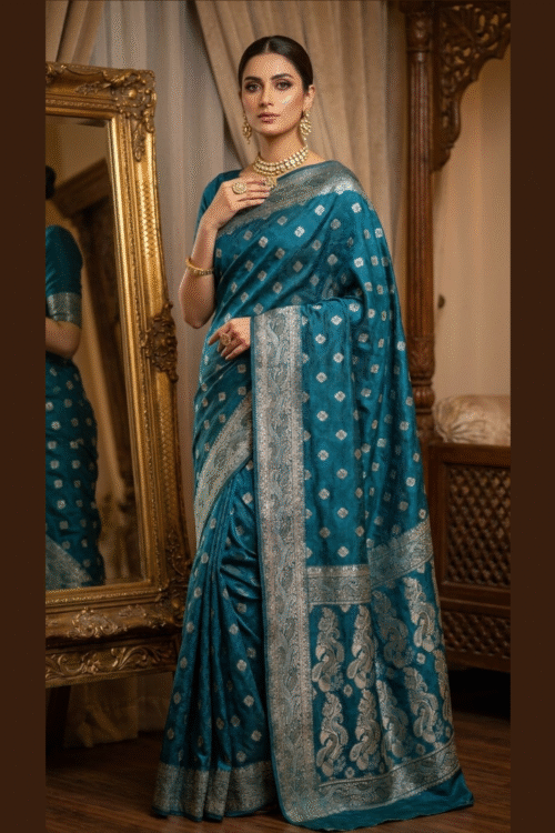 Banarsi Khaadi Silk Saree – Teal Green